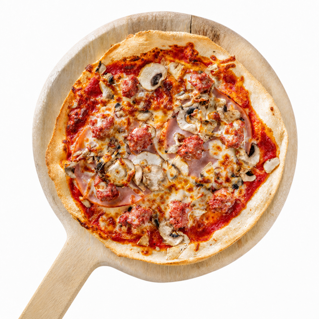Capricciosa pizza. Ham, mushroom, Italian sausage, oregano and chilli flakes. Made In Italy Sydney