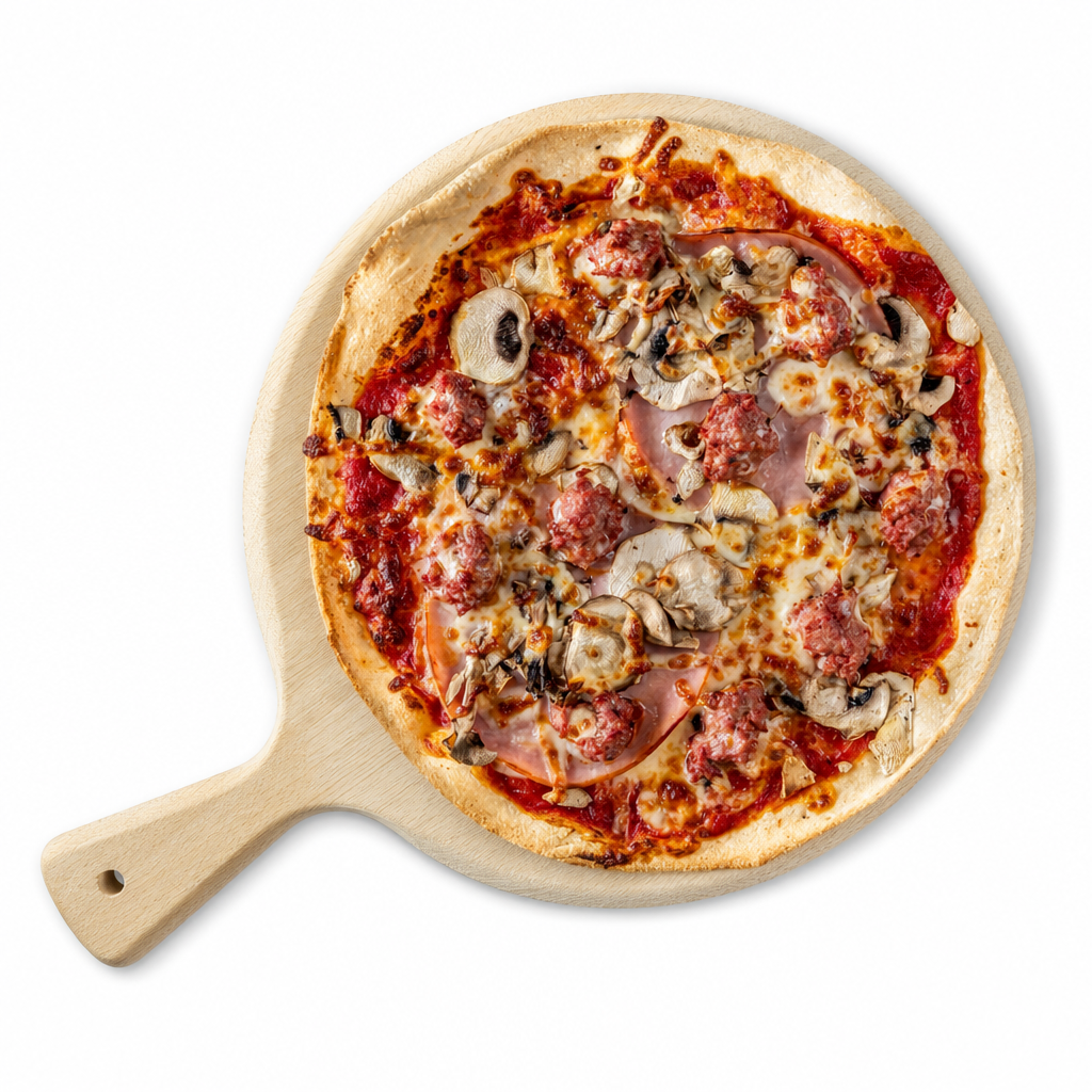 Capricciosa pizza. Ham, mushroom, Italian sausage, oregano and chilli flakes. Made In Italy Sydney